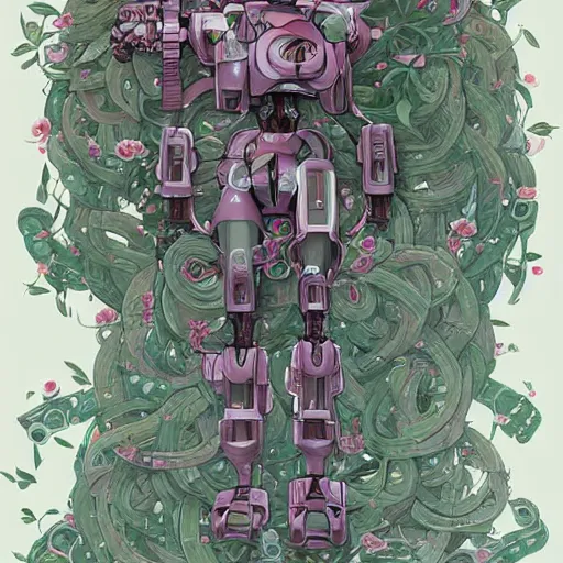 Image similar to mecha robot wrapped in flowers & vines, art by james jean & hsiao - ron cheng, colourful, sharp, detailed, digital painting, illustration, intricate detail, pinterest, behance, art station,