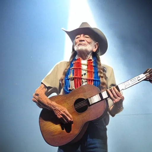 Image similar to willie nelson on stage, four fingers holding guitar. god rays through fog.