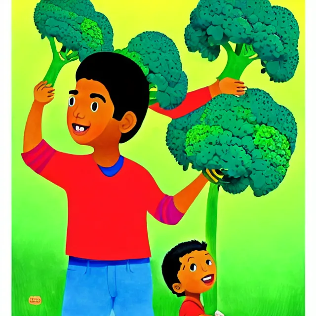 Image similar to professional kids book illustration of a South Indian !toddler! boy pulling a friendly anthropomorphic (broccoli) out of the ground, best on artstation,, astonishing, impressive, outstanding, cheerful, stunning, masterpiece by Eric Carle.