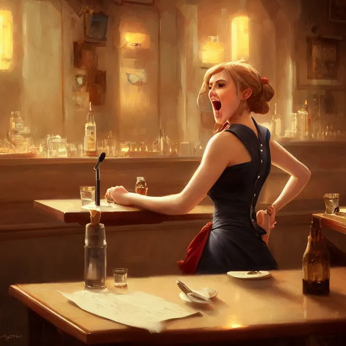 Image similar to a waitress singing on a table in a bar, elegant, real life skin, intricate artwork, high detailed, artstation, concept art, smooth, sharp focus, art by artgerm and greg rutkowski