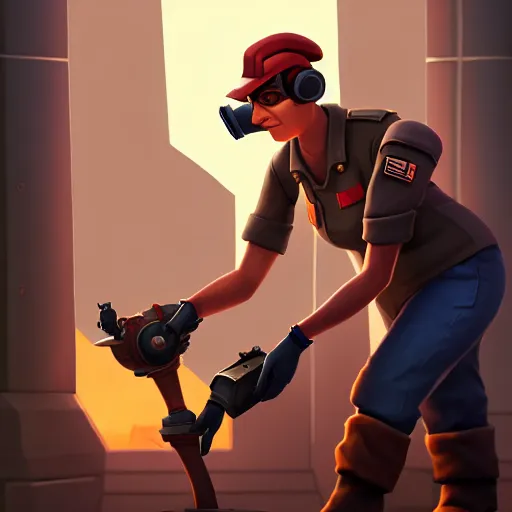 Prompt: beautiful digital painting of engineer from team fortress 2 by valve as a woman fixing a sentry, 4 k, 8 k, hd, high resolution, highly detailed, intricate detail, ultra realistic faces, digital art, trending on artstation, team fortress 2