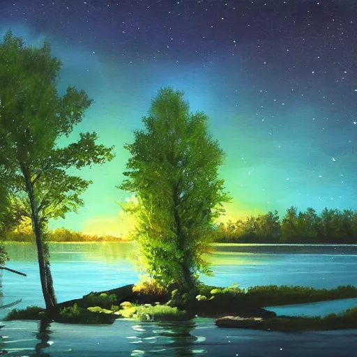 Image similar to lake, trees, night, fireflies glowing above water, painting, concept art,
