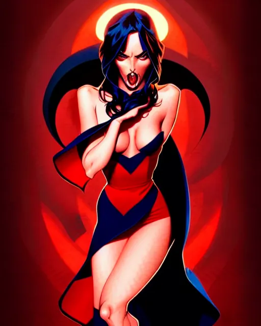 Image similar to artgerm, joshua middleton comic cover art, full body pretty megan fox vampire sharp teeth, red dress, symmetrical eyes, symmetrical face, long curly black hair, dark castle background background, cinematic lighting