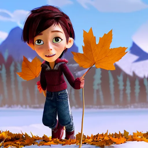 Image similar to a very cool and cute stopmotion animation character, a beautiful canadian woman, gardening, very attractive, spiky dark brown and grey hair, striped sweater, tight denim jeans, maroon doc marten boots, canadian maple leaves blowing about, mountains, autumn, unreal engine 5, 8 k, kubo and the two strings, disney, pixar,