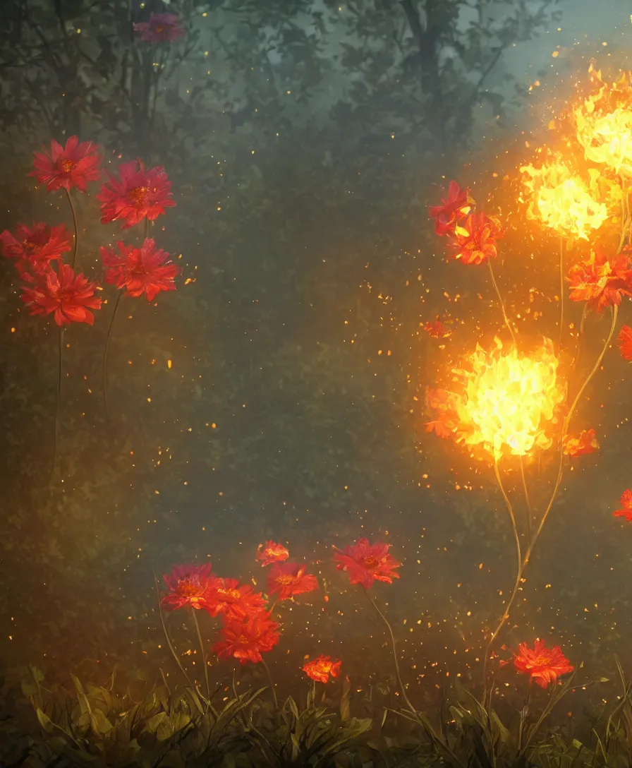 Prompt: hyper realistic flower with fire texture on the petals, beaultiful forest background, bokeh, illustrated by greg rutkowski, beautiful volumetric lighting, intricate, ultra detailed, photorealistic, trending on artstation, octane render, 8 k