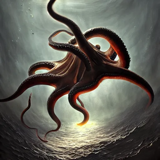 Image similar to a dream fantasy painting of a giant octopus kill a diving man, by beksinki, giger, greg rutkowski, carne griffith trending on artstation, deviantart, photorealism