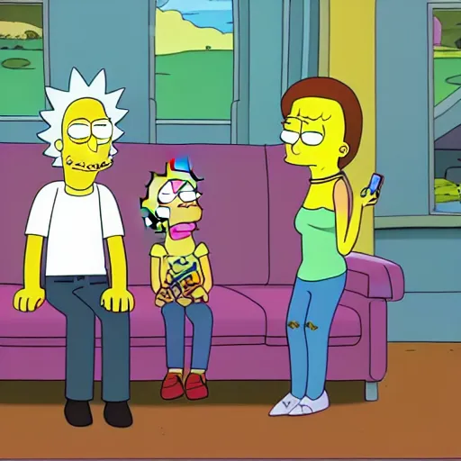 Image similar to Rick & Morty starring in the simpsons couch-gag