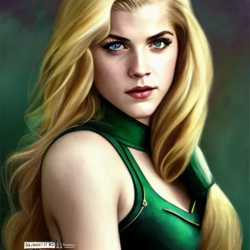 Image similar to A combination of Katheryn Winnick's and Grace Kelly's and Emma Watson's faces with blonde hair as Green Arrow, western, D&D, fantasy, intricate, elegant, highly detailed, digital painting, artstation, concept art, matte, sharp focus, illustration, art by Artgerm and Greg Rutkowski and Alphonse Mucha