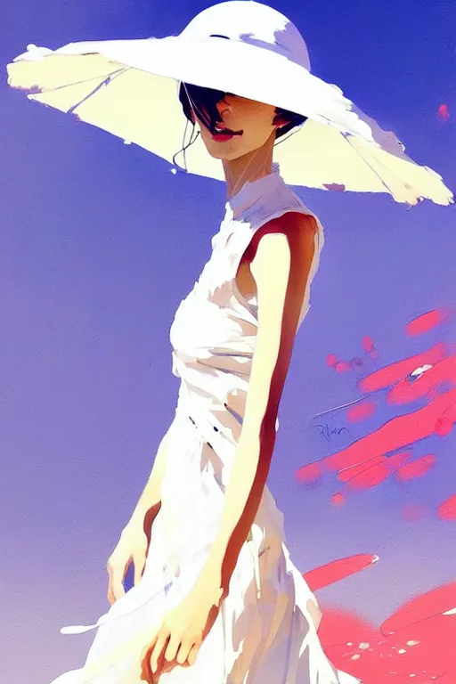 Image similar to a ultradetailed beautiful painting of a stylish woman wearing a white dress with a sun hat, by conrad roset, greg rutkowski and makoto shinkai trending on artstation