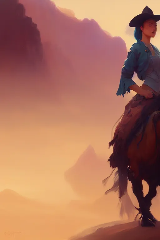 Prompt: full body, female cowboy, extremely detailed digital painting, in the style of fenghua zhong and ruan jia and jeremy lipking and peter mohrbacher, mystical colors, rim light, beautiful lighting, 8 k, stunning scene, raytracing, octane, trending on artstation