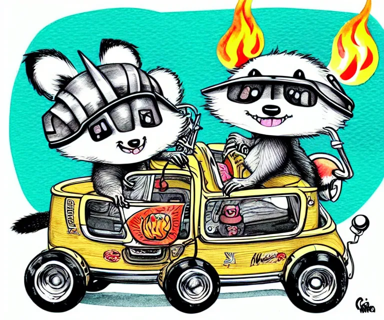 Prompt: cute and funny, racoon wearing a helmet with tiny flame stickers on it riding in a tiny hot rod coupe with oversized engine, ratfink style by ed roth, centered award winning watercolor pen illustration, isometric illustration by chihiro iwasaki, edited by range murata