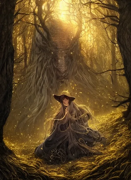 Image similar to golden forest at background, creative!!! composition for a book cover, absurdly beautiful, ultrafine hyperrealistic detailed old witch face by wlop and artgerm and greg rutkowski, intricate linework, sharp focus, smooth, octopath traveler, final fantasy, unreal engine, dramatic lighting, ethereal, 8 k