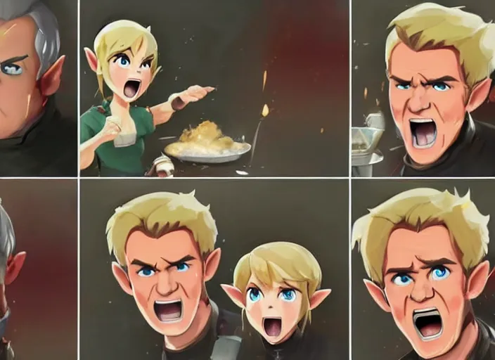 Prompt: gordon ramsey yelling screaming, at link with a shocked crying expression from zelda for cooking burnt food in the style of breath of the wild, artstation, krenz cushart, makoto shinkai