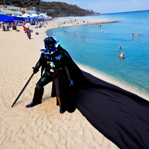 Image similar to darth vader sunbathing in the beach while reading