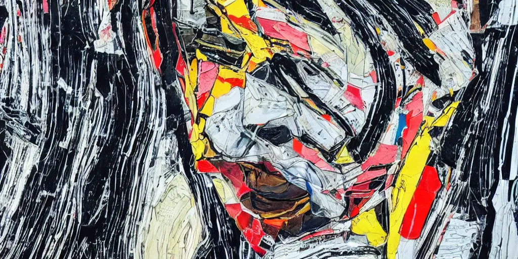 Prompt: close up portrait car crash test, thick lines with paint, collage paper and tape, acrylic on canvas, expressionism movement, breathtaking detailed, by blake neubert