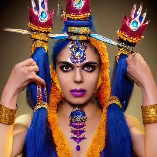 Image similar to blue - skinned indian goddess with six arms, symmetric, aesthetic!!!, cosplay, studio lighting