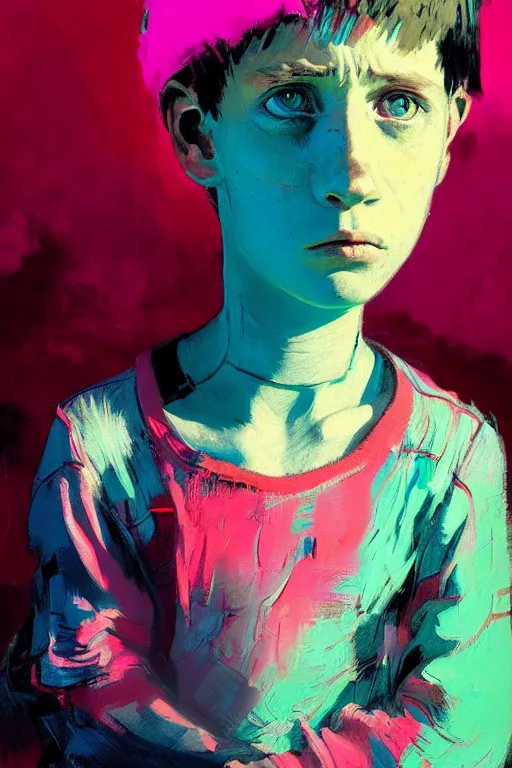 Image similar to portrait of a young boy living in a postapoliptic forgotten world, her face expresses : sadness, and death, in the colors hot pink and cyan, beautiful face, rule of thirds, complex outfit, spotlight, by greg rutkowski, by jeremy mann, by francoise nielly, by van gogh, digital painting