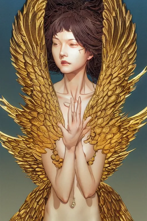 Image similar to prompt : angel women with golden wings soft light painted by james jean and katsuhiro otomo and erik jones, inspired by akira anime, smooth face feature, intricate oil painting, high detail illustration, sharp high detail, manga and anime 1 9 9 9