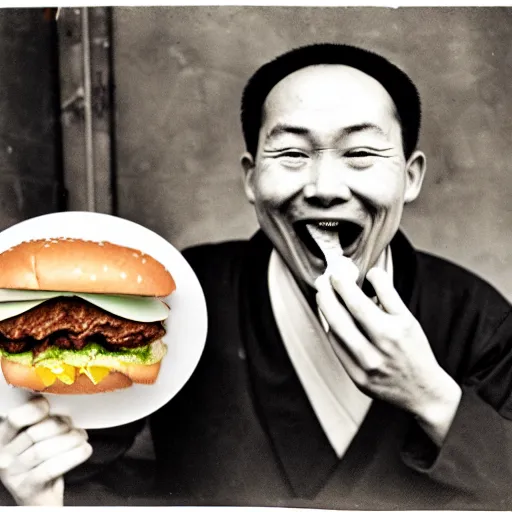 Image similar to a photo of a ecstatic man from qing empire eating a hamburger, award winning photo, high quality