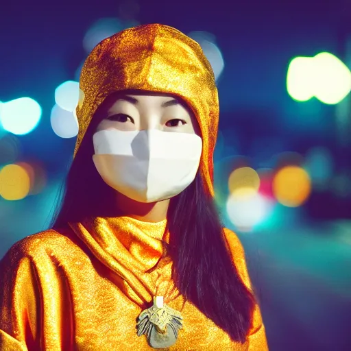 Image similar to japanese female balaclava mask with golden necklace and kimono, photo portrait, beautiful female model, tokyo, city neon light, bokeh, long exposure, kodak promax 4 0 0, sony lens, golden fractals and dmt