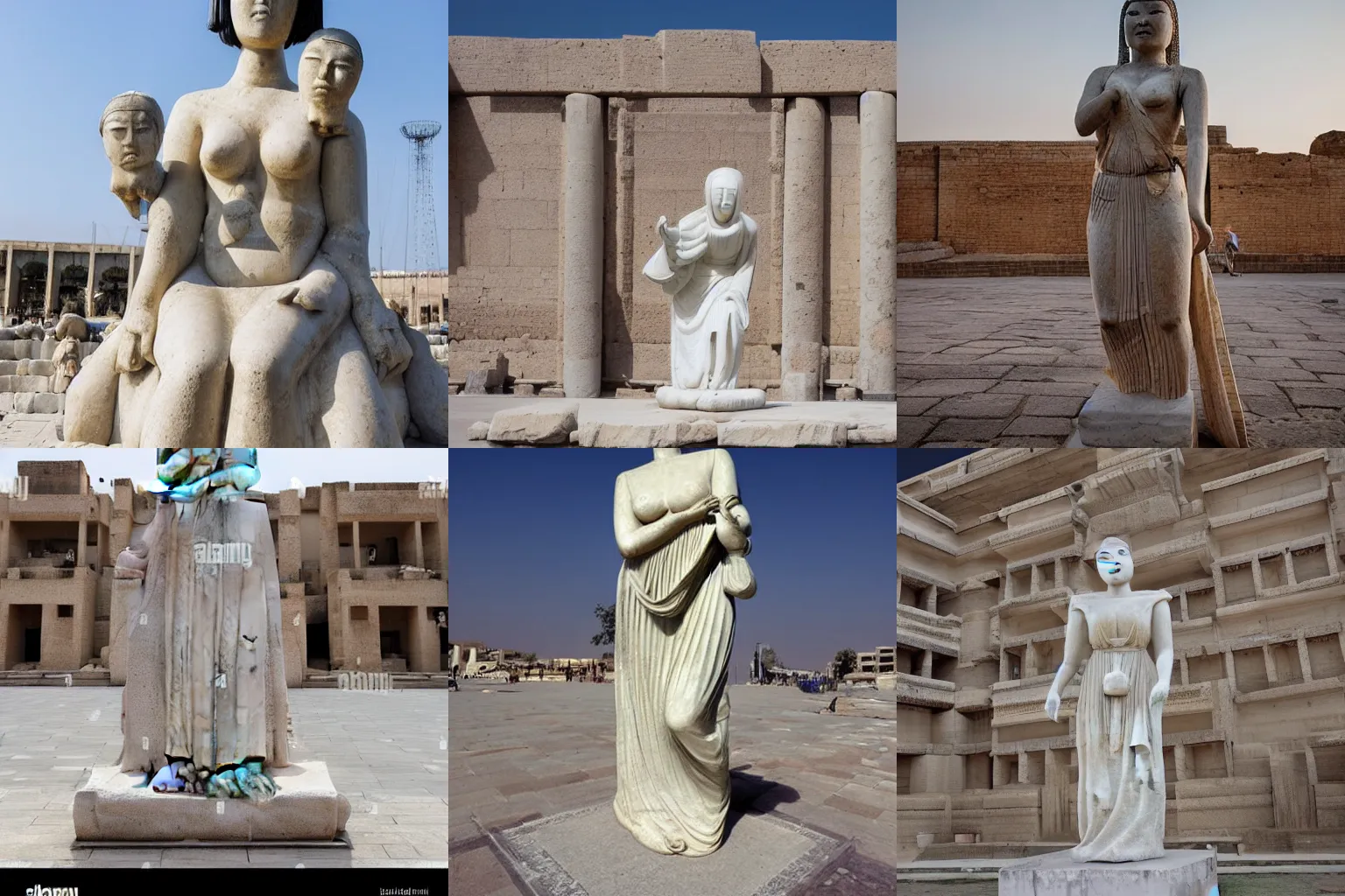 Prompt: a giant marble statue of a japanese woman in the center of a large square in an ancient mesopotamia city, award winning photo