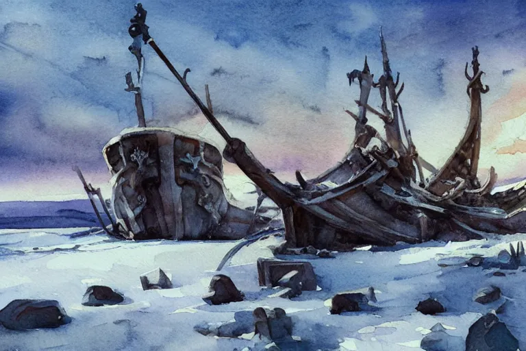 Prompt: small centered on watercolor paper, paint brush strokes, abstract watercolor painting of ancient viking wreck skeleton in frozen lake, daylight, blue sky, cinematic light, national romanticism by hans dahl, by jesper ejsing, by anders zorn, by greg rutkowski, by greg manchess, by tyler edlin