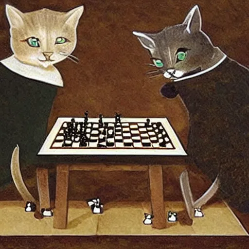 Prompt: two cats playing chess, in the style of Da Vinci