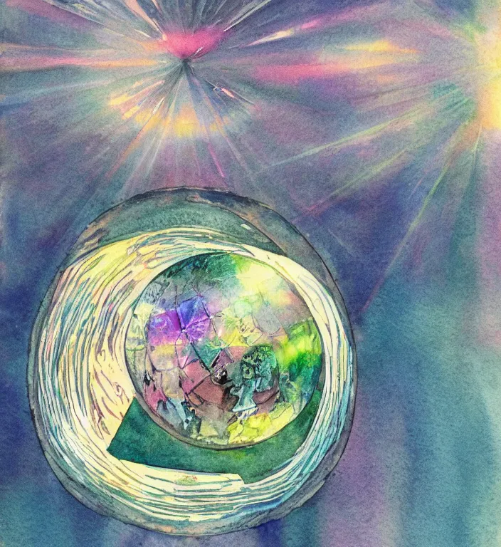 Image similar to a 1988 watercolor and ink illustration of an intricate and faceted crystal ball with a world inside of it + dissolving in to light + prism + god rays + dramatic lightning + backlit + specular + caustics