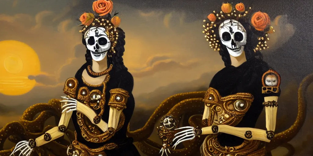 Prompt: antique oil painting of a woman with metalic gold skeleton mask, wearing white and black virgin attire wearing an aureola made of gold, cactus and pearls over the head, holding a rose in a hand, with warm sunset backlight reflecting on a whirlpool of clouds forming acircular background. sunset light. beneath there's a barren land with serpents.