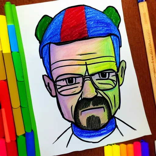 Image similar to rainbow kids drawing of a Walter white represented as a poney, trending on DeviantArt