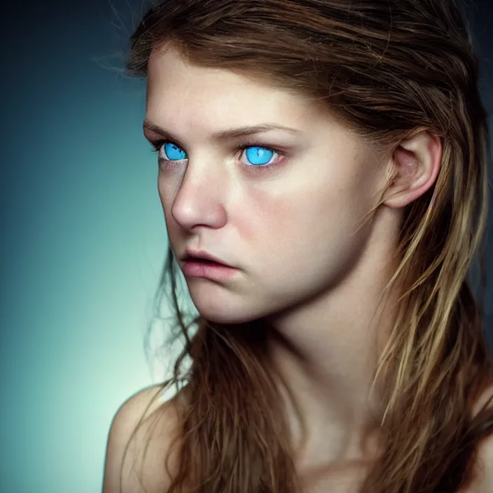 Image similar to dramatic photographic Close-up face of a extremely beautiful girl with light blue eyes and light brown hair ,four fingers maximum, high light on the left, non-illuminated backdrop, illuminated by a dramatic light, Low key lighting, light dark, High constrast, dramatic , Greg Rutkowski, Alphonse Mucha, Steve Mccurry, Lee Jeffries , Norman Rockwell, Craig Mulins ,dark background, high quality, photo-realistic, 8K,