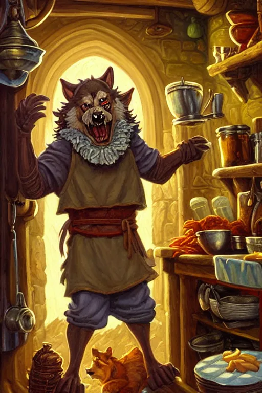 Prompt: classic oil painting, an adorable werewolf that is dressed as a medieval chef, as a dnd character, inside a cluttered kitchen, cottagecore, highly detailed, digital illustration, concept art, smooth, sharp focus, art by tim hildebrandt, and greg hildebrandt, neutral temperature