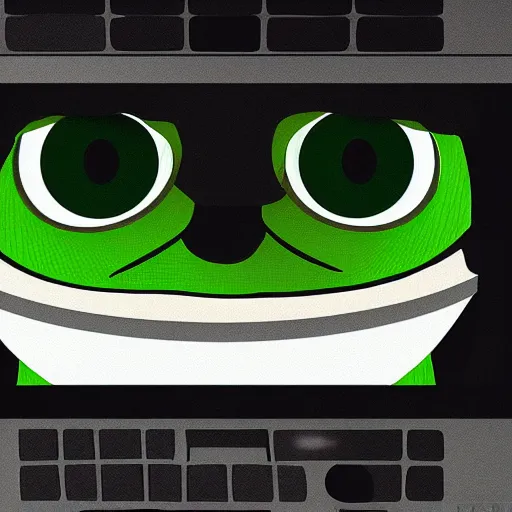 Prompt: closeup potrait of pepe frog behind a laptop in a dark room, screen light, sharp, detailed face, magazine, press, photo, Steve McCurry, David Lazar, Canon, Nikon, focus