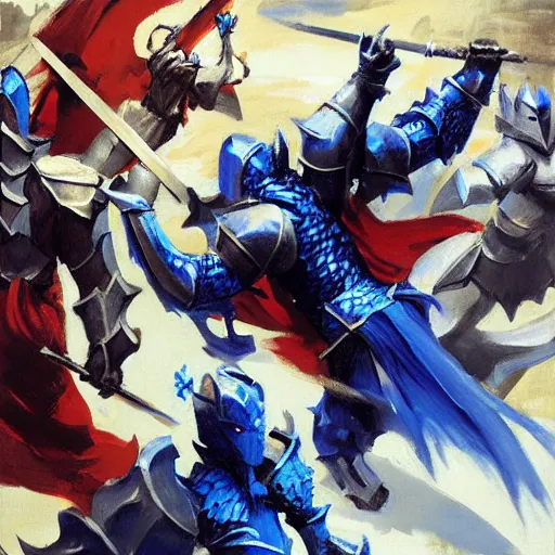 Image similar to dragon fight vs knight in a car, knight in blue armor and wields a gold sword, greg manchess