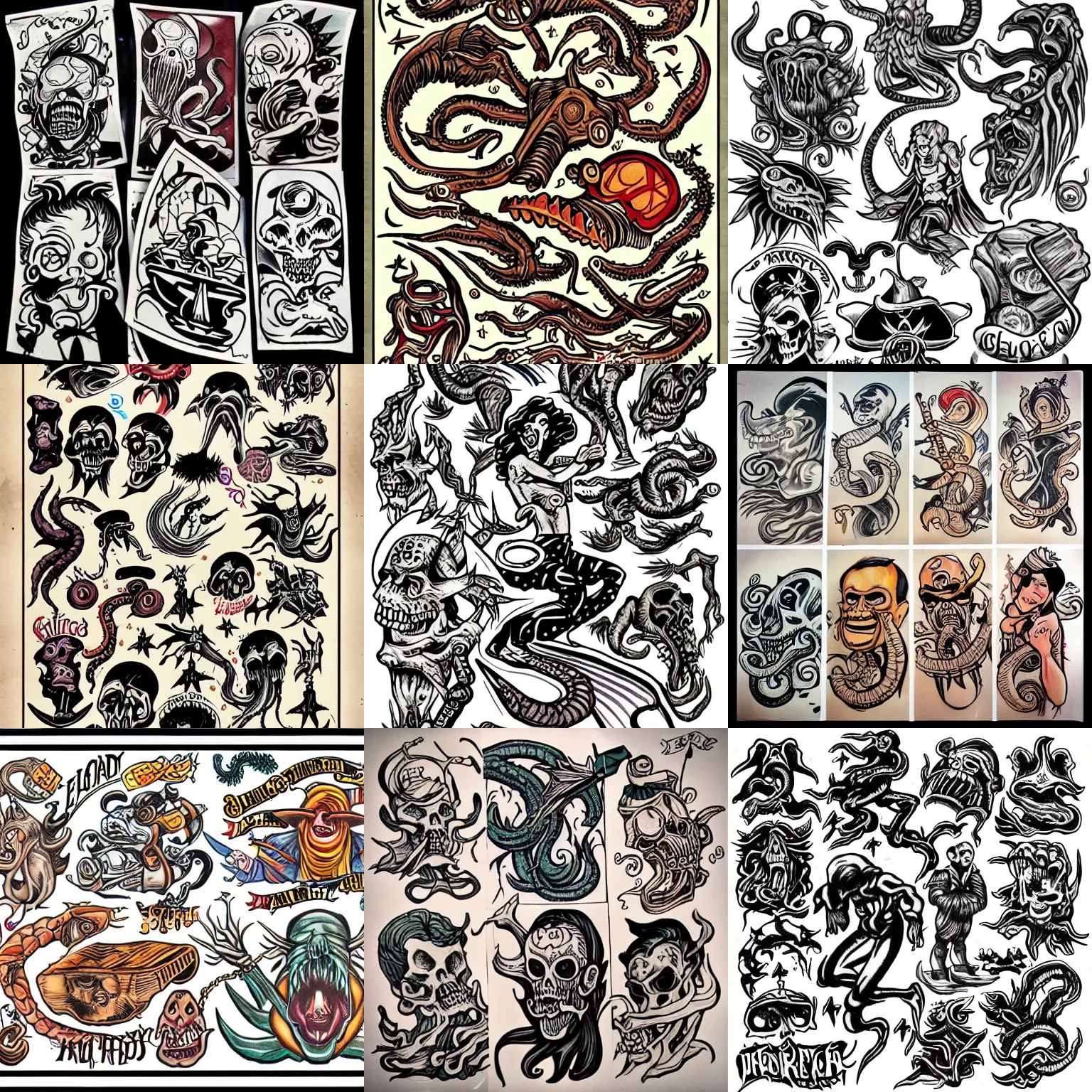 Prompt: sailor jerry flash sheet of eldritch horrors