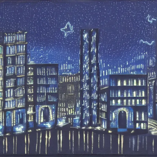 Prompt: night scene of a city. The darkness of the night is illuminated by artificial lighting. The sky is painted with cobalt blue, and shimmers with the light of stars. The buildings are painted in black, and stand out against the sky. They are silhouetted against a background which is painted with hazy grey.