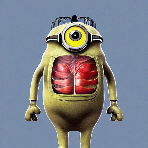 Image similar to A detailed biological anatomy of a minion, photorealistic, textbook, scientific