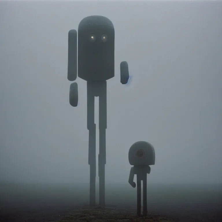 Image similar to a sole angular lanky liminal observer droid, in a brutalist yet rural landscape by simon stalenhag, 3 5 mm film photography, dawn, eerie fog