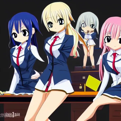 Image similar to sena kashiwazaki anime, pouting at school desk, illustrated by fairy tail