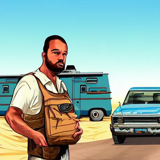 Prompt: argentinian trapper Duki holding a ziplock bag with baby blue meth, desert background, next to an rv, by stephen bliss, gta loading screen