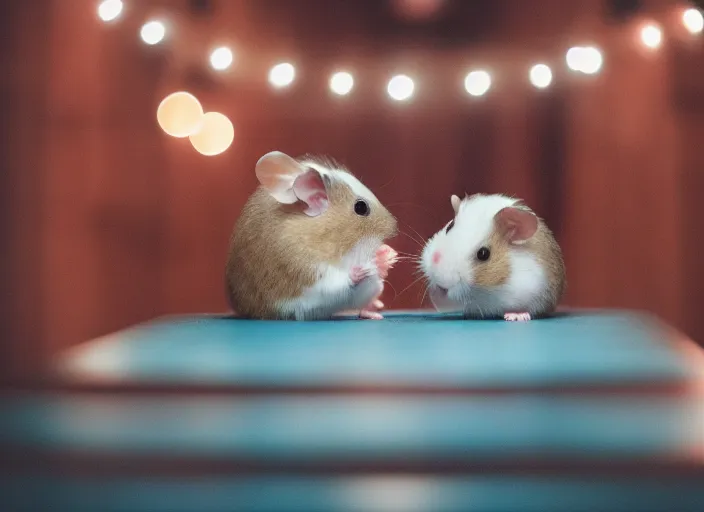 Image similar to photo of a hamsters on a date, kissing, at night, romantic, faded colors, candlelit restaurant table, cinematic color grading, various poses, soft light, well framed, sharp focus, 8 k