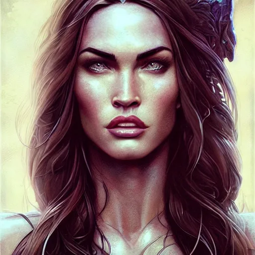 Image similar to portrait of megan fox, muscular upper body, fantasy, intricate, elegant, highly detailed, digital painting, artstation, concept art, matte, sharp focus, illustration, art by aenaluck and roberto ferri and greg rutkowski, epic fantasy, digital painting