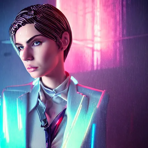 Image similar to epic cartoon women portrait made out of rain, pinstripe suit, short hair, cyberpunk background, rendered in octane, unreal engine, highly detailed, trending on artstation, realistic, splashes of neon, beautiful