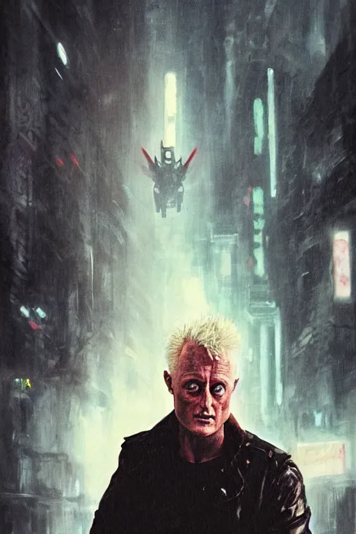 Image similar to a painting of the replicant roy batty accepting the very absurdity of life, all memories will be lost in time like tears in the rain, in the style of blade runner, ridley scott, epic composition, dramatic lighting, octane render