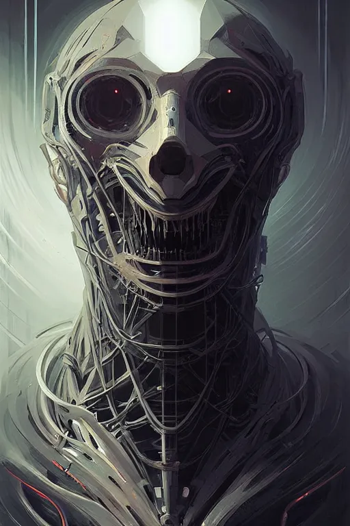 Image similar to professional concept art symmetrical portrait of a horror robotic nightmare species in deep dark room by artgerm and greg rutkowski. an intricate, elegant, highly detailed digital painting, abstraction, concept art, smooth, sharp focus, illustration, in the style of cam sykes.