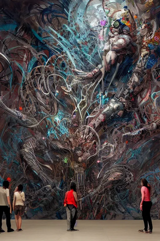 Image similar to people looking at a large graffiti painting in a contemporary museum, dark, intricate, highly detailed, smooth, artstation, digital illustration by yoshitaka Amano and james jean and Artgerm and moebius and Greg Rutkowski and Zdislav Beksinski