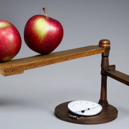 Prompt: set of balance scales with weights, weighing one apple and one onion