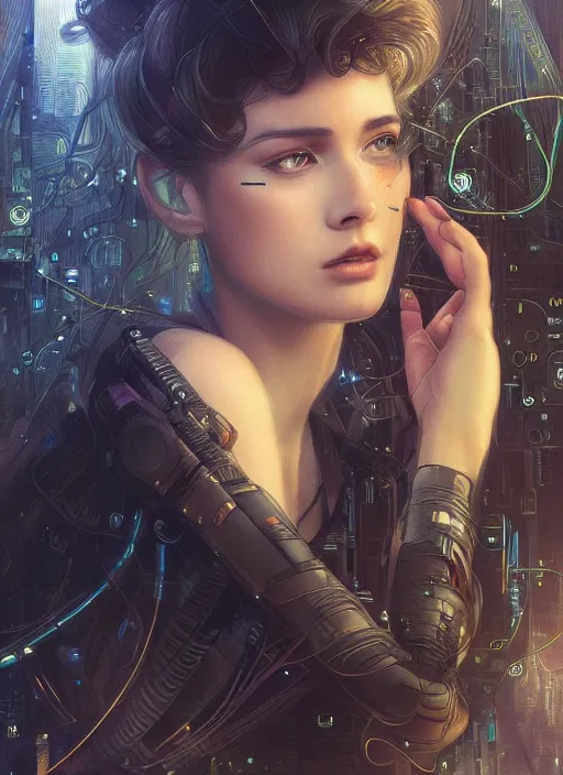 Prompt: beautiful young woman, gorgeous face, sad eyes, tears, bladerunner city landscape, cybernetic, wires, technology, vaporwave aesthetic, synthwave, intricate, elegant, highly detailed, digital painting, artstation, concept art, smooth, sharp focus, illustration, art by artgerm and greg rutkowski and alphonse mucha