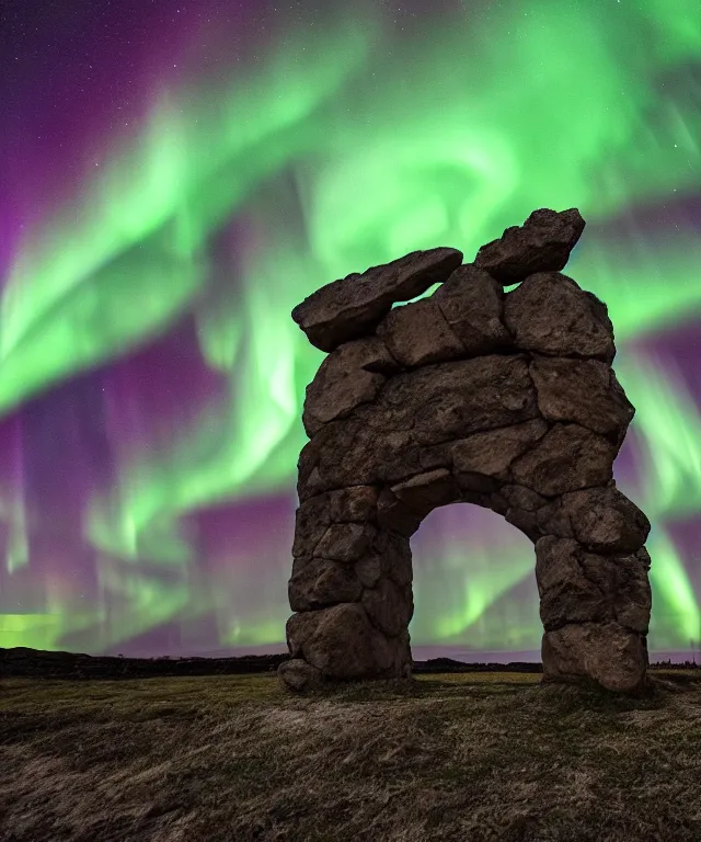 Image similar to stone gateway to another portal, green spiral light, aurora borealis, symmetrical, center focus, 2 0 0 mm, photorealistic