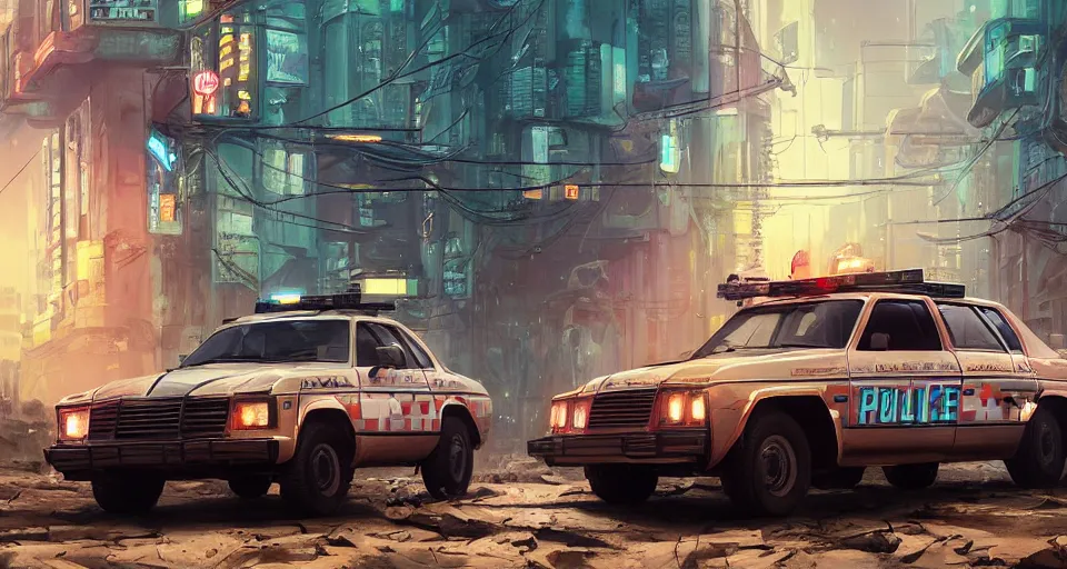 Image similar to a highly detailed epic cinematic concept art CG render digital painting artwork scene: retrofuturistic 1980s cyberpunk soviet police patrol car. By Greg Rutkowski, Ilya Kuvshinov, WLOP, Stanley Artgerm Lau, Ruan Jia and Fenghua Zhong, trending on ArtStation, made in Maya, Blender and Photoshop, octane render, excellent composition, cinematic dystopian brutalist atmosphere, dynamic dramatic cinematic lighting, aesthetic, very inspirational, arthouse